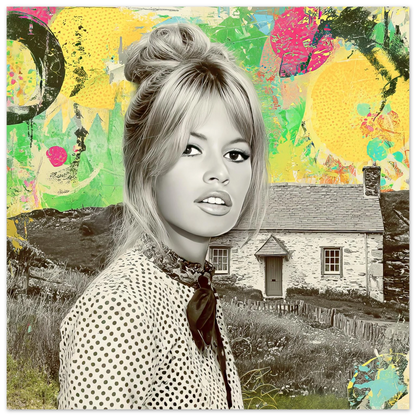 Bardot at the Cottage art mockup featuring Brigitte Bardot in front of an Irish cottage, wearing polka-dot attire, set against a vibrant pop-art collage with bright yellow, green, and red accents. Graphique Addictions.