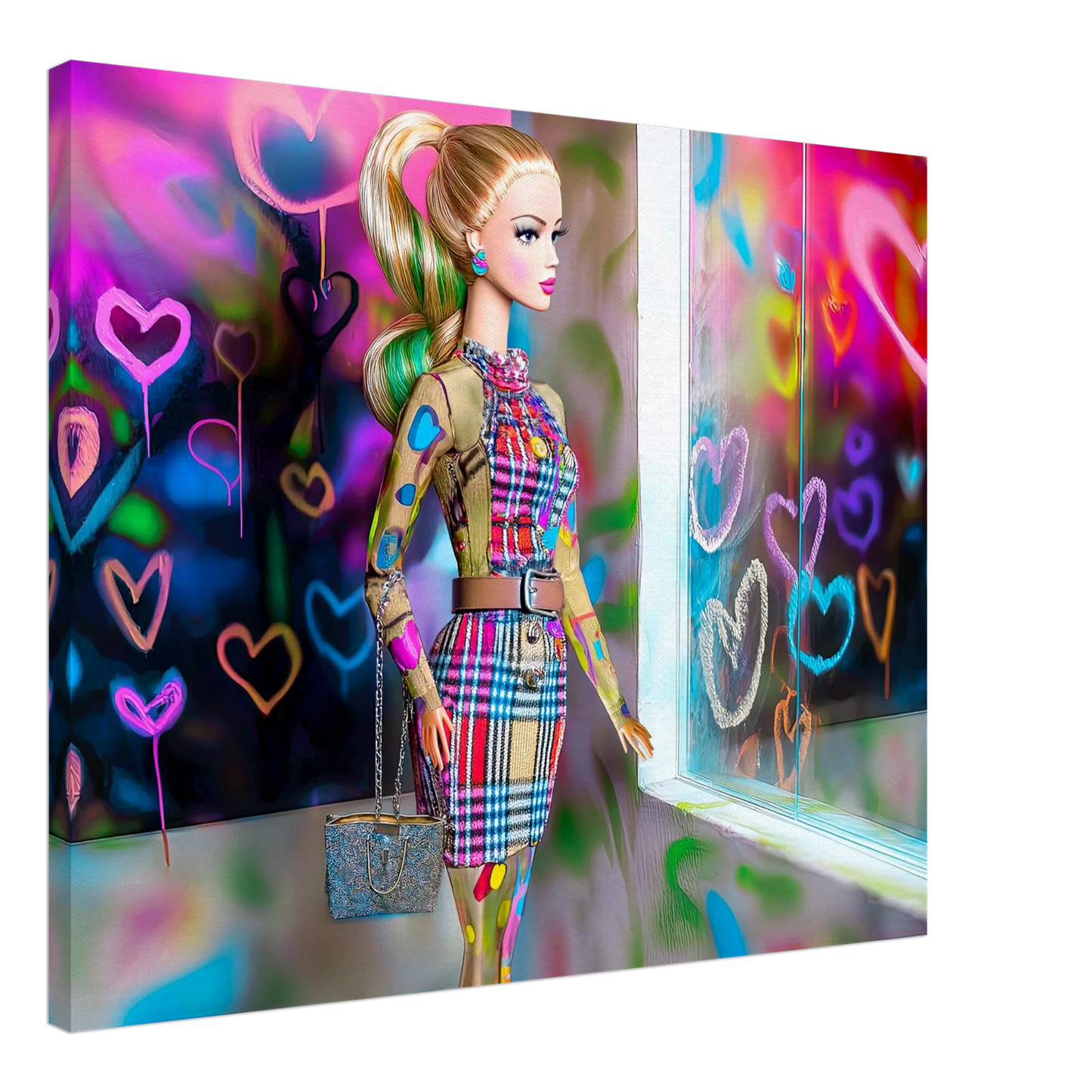 Canvas print of Barbie doll in a plaid outfit with a designer handbag, standing beside heart-covered graffiti window. Plaid Heart Doll-Graphique Addictions.
