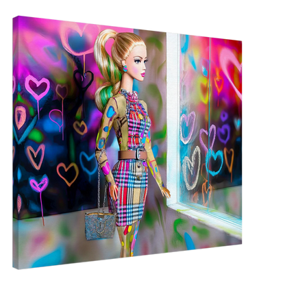 Canvas print of Barbie doll in a plaid outfit with a designer handbag, standing beside heart-covered graffiti window. Plaid Heart Doll-Graphique Addictions.