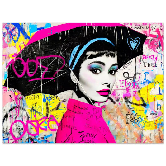 colorful graffiti pop art portrait of Audrey Hepburn holding an umbrella, aluminum print. Graffiti Drizzle, Graphique Addictions.
