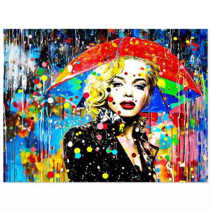 Aluminum print of Marilyn Monroe with an umbrella and colorful painted rain drops. Splash of Elegance-Graphique Addictions.