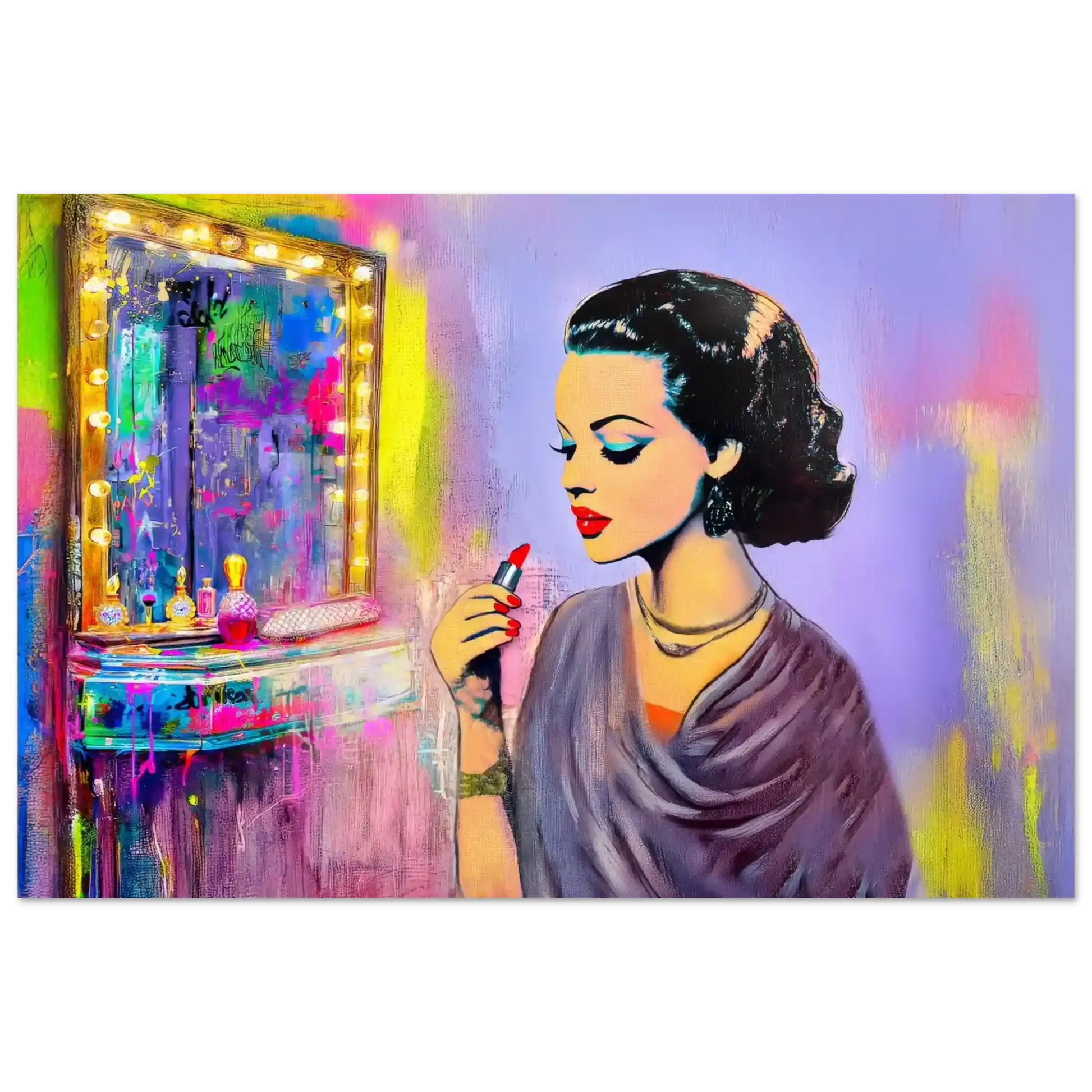 aluminum print of a dark haired woman applying lipstick in front of a vanity mirror, with vintage makeup tools and colorful bold color. Hollywood Vintage Starlet-Graphique Addictions.