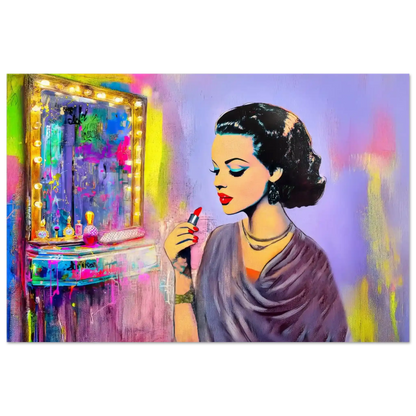 aluminum print of a dark haired woman applying lipstick in front of a vanity mirror, with vintage makeup tools and colorful bold color. Hollywood Vintage Starlet-Graphique Addictions.