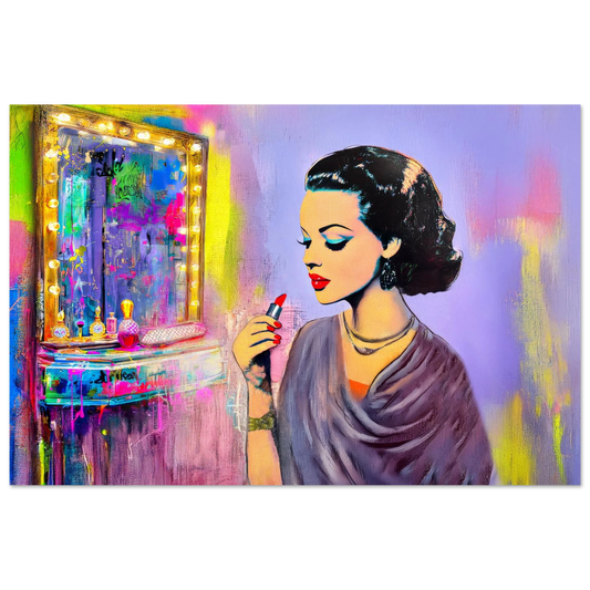 aluminum print of a dark haired woman applying lipstick in front of a vanity mirror, with vintage makeup tools and colorful bold color. Hollywood Vintage Starlet-Graphique Addictions.