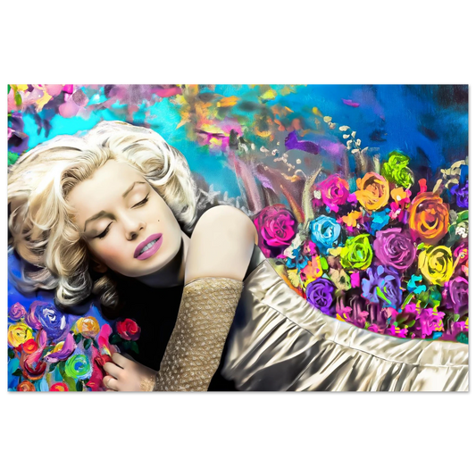 aluminum print wall art portrait of marilyn monroe sleeping in bed, with colorful flowers surrounding her. Graphique Addictions.