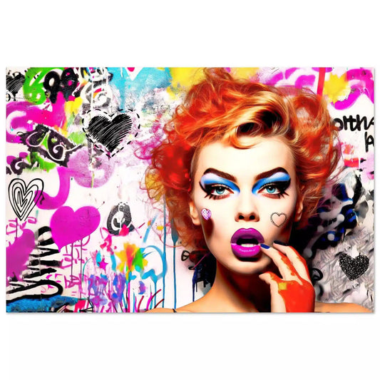 Chic Chaos: Red-haired woman against a backdrop of colorful graffiti art, hearts, and butterflies, aluminum print-Graphique Addictions.