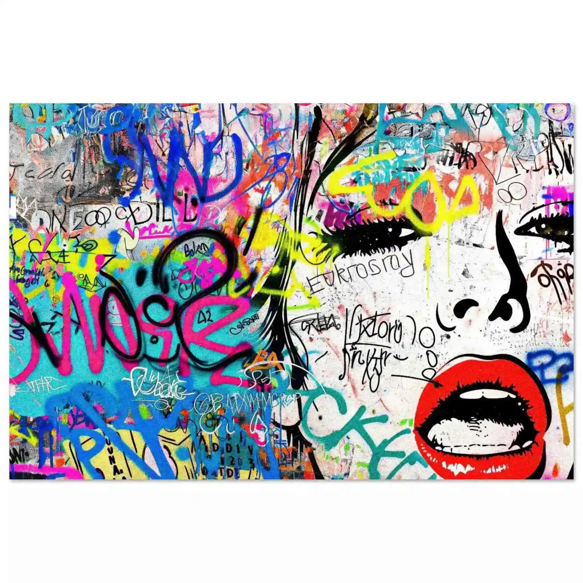 Chic Femme Graffiti Gaze: Aluminum pop art portrait of a woman against colorful graffiti, bold brush strokes, and ink splashes-Graphique Addictions.