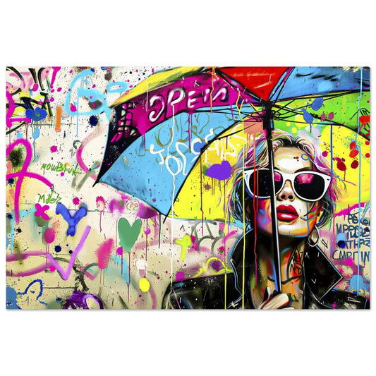 Aluminum print of Woman wearing sunglasses and a black leather jacket, holding a multi-colored umbrella. Chic Umbrella-Graphique Addictions.