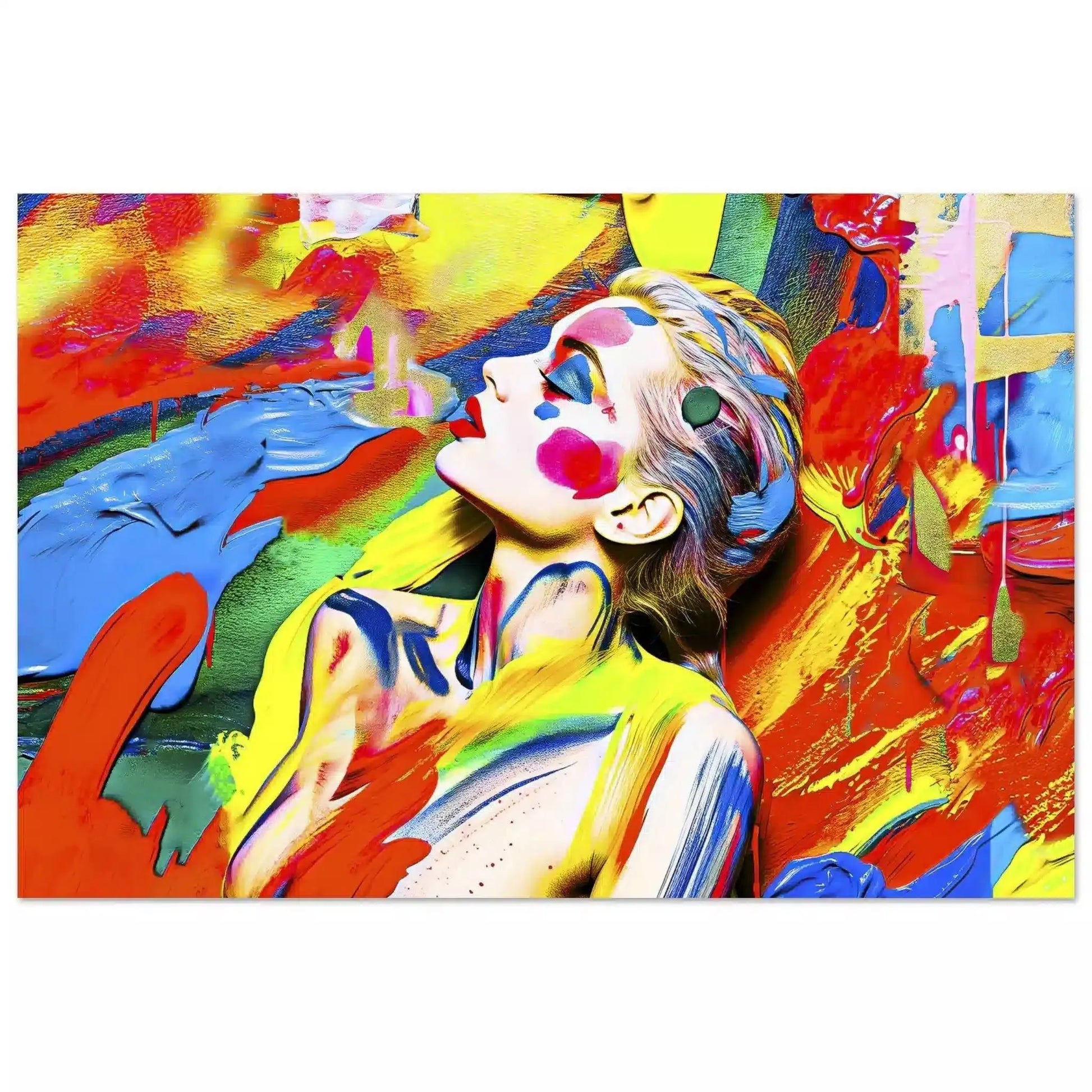 Aluminum print of a woman against a background of bold, abstract painted brushstrokes. Chromatic Liquid Elegance-Graphique Addictions.