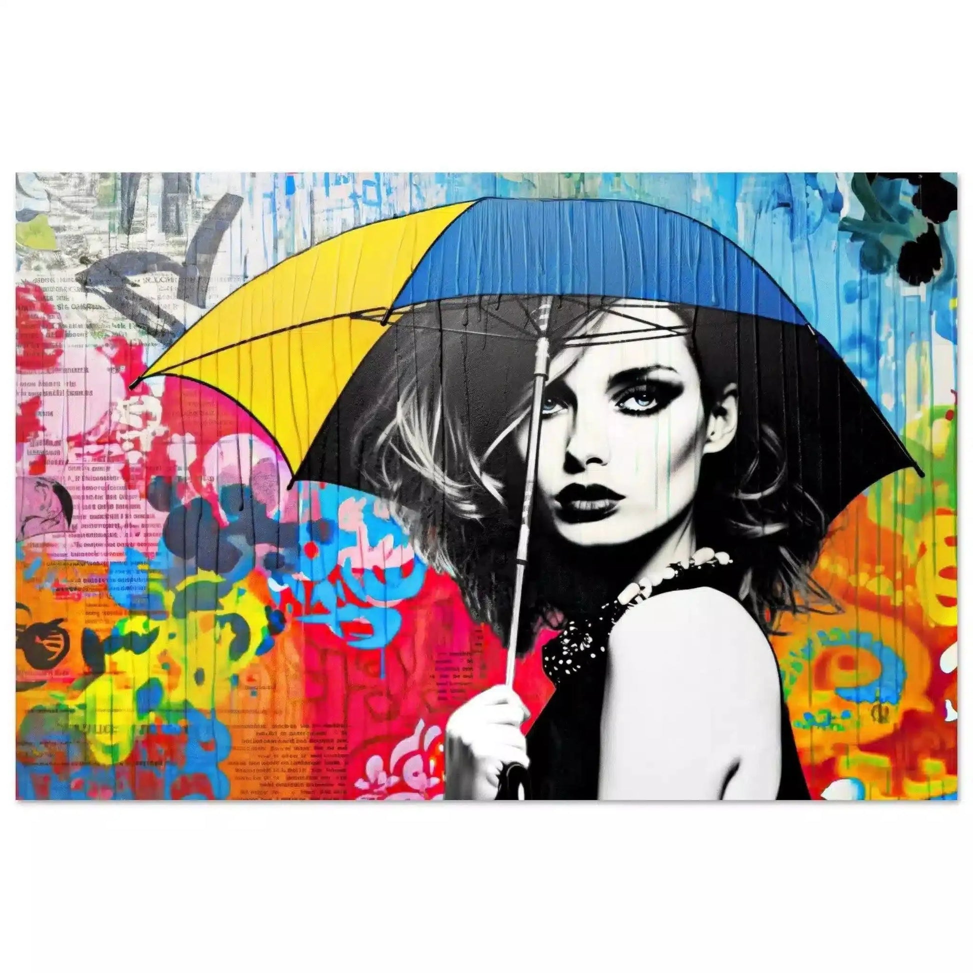 Aluminum print of a woman holding an umbrella, surrounded by vibrant graffiti and graph paper patterns in black, blue, yellow, white, and red. Color Me Rainy-Graphique Addictions.