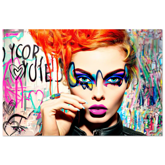 Woman with orange-red hair, blue eyes, and vibrant geometric eyeshadow against a colorful graffiti backdrop aluminum print artwork titled: Colorburst Diva-Graphique Addictions.