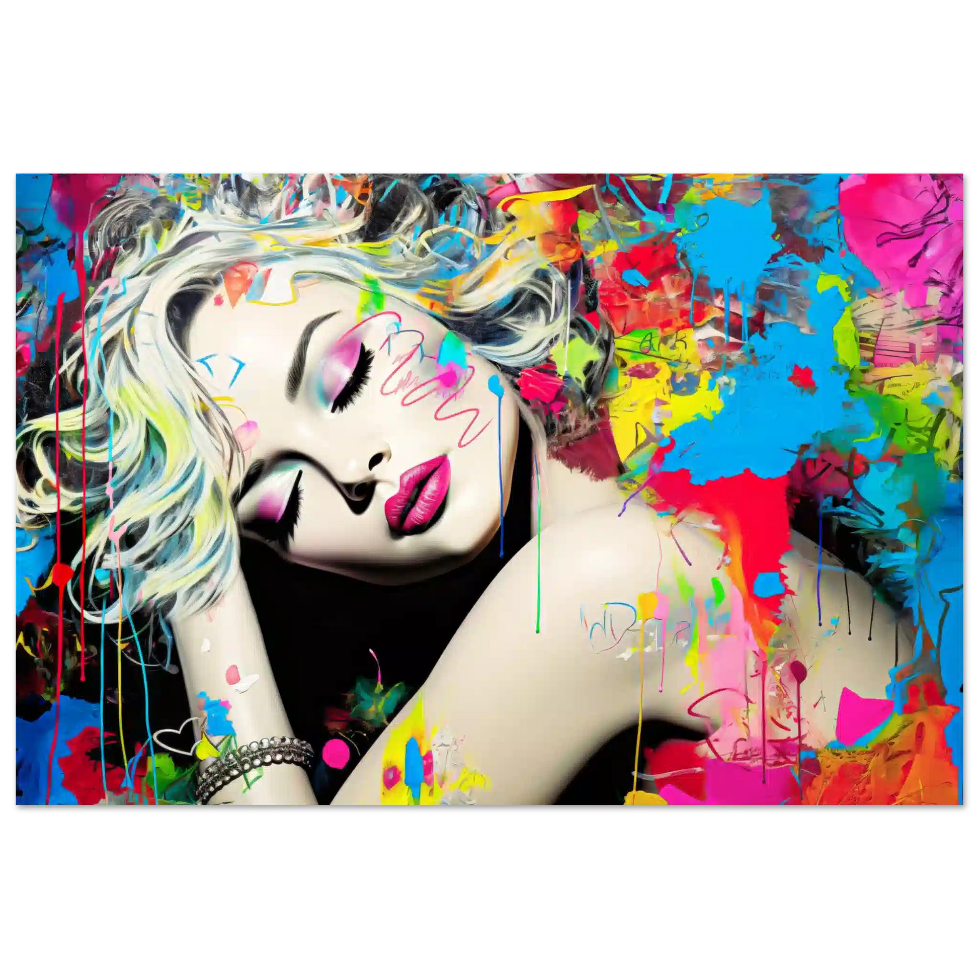 Blonde woman with colorful makeup, tattoos, and graffiti against a backdrop of colorful splashes. Aluminum artwork titled: Colorful Captivation-Graphique Addictions. 