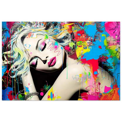 Blonde woman with colorful makeup, tattoos, and graffiti against a backdrop of colorful splashes. Aluminum artwork titled: Colorful Captivation-Graphique Addictions. 