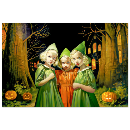 aluminum print of three children in green and orange witch costumes. Emerald and Saffron Witches-Graphqiue Addictions.