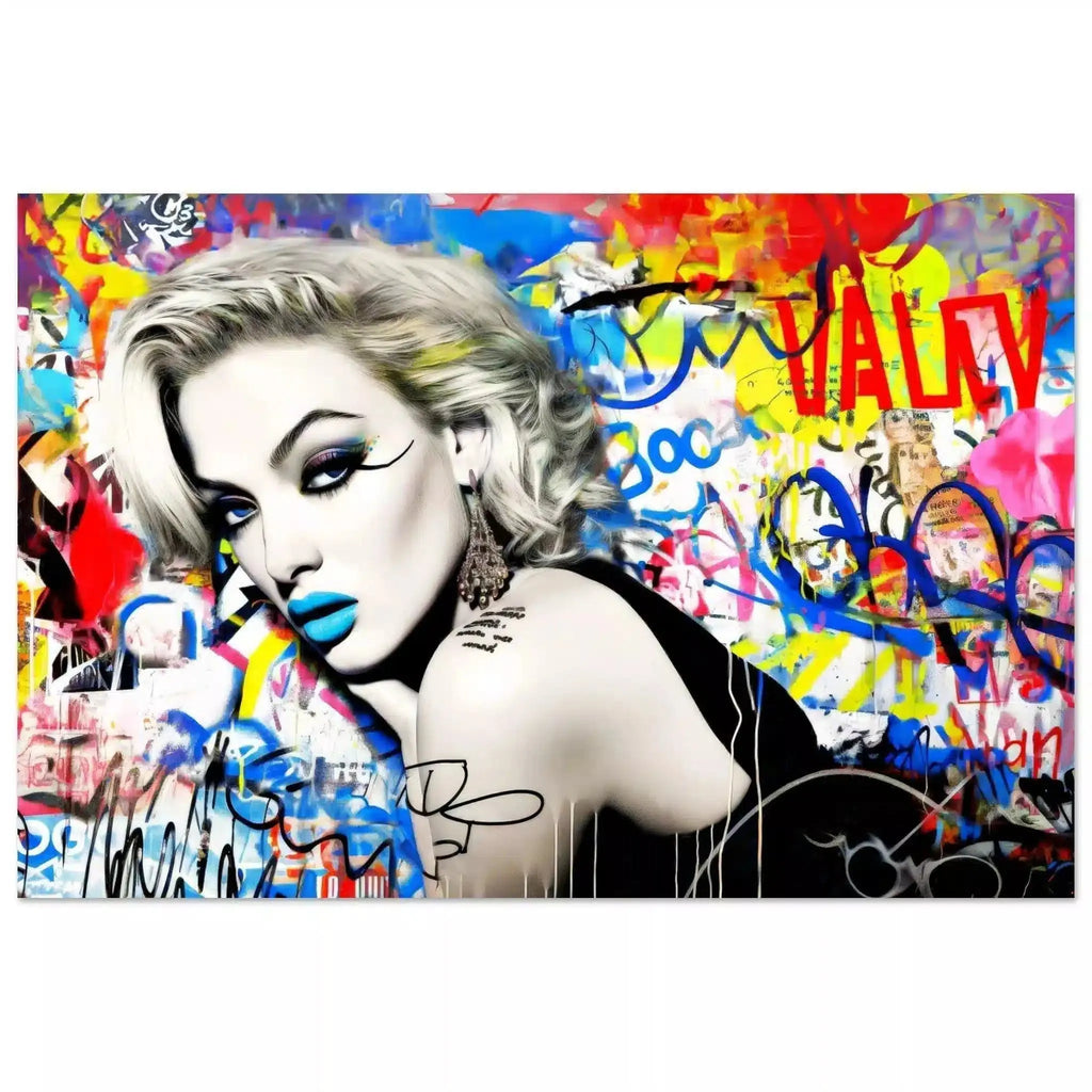 Aluminum print of woman lying on her stomach, surrounded by vibrant graffiti, wearing blue lipstick and winged eyeliner, in a black dress. Titled: Graffiti Dreamscape-Graphique Addictions.