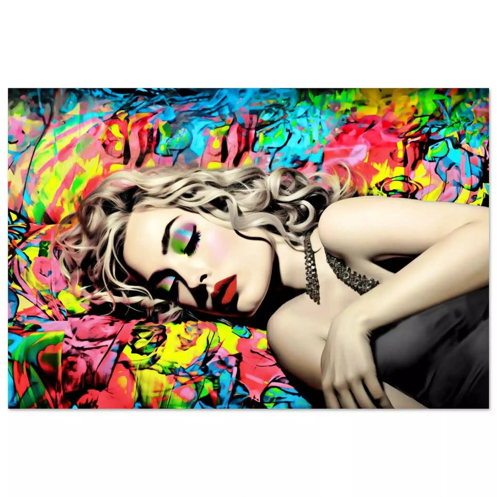 Aluminum print of Madonna lying down with her eyes closed in a black dress, set against a vibrant backdrop of blue, red, and yellow graffiti. Title: Graffiti Lullaby-Graphique Addictions.