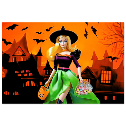 aluminum art print of a Halloween-themed barbie dressed as a witch. Haunted Barbie Witch-Graphique Addictions.