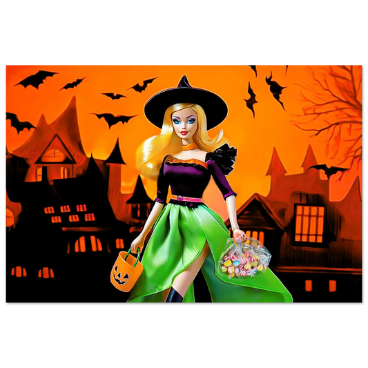 aluminum art print of a Halloween-themed barbie dressed as a witch. Haunted Barbie Witch-Graphique Addictions.