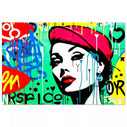 Aluminum art print of a woman with a red beret and glamorous red lips, set against a vibrant green background with colorful graffiti. Inspectra Comic Canopy-Graphique Addictions.