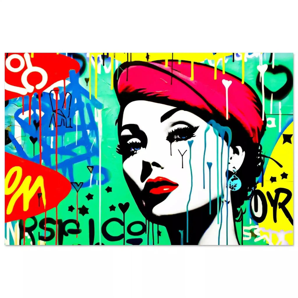 Aluminum art print of a woman with a red beret and glamorous red lips, set against a vibrant green background with colorful graffiti. Inspectra Comic Canopy-Graphique Addictions.