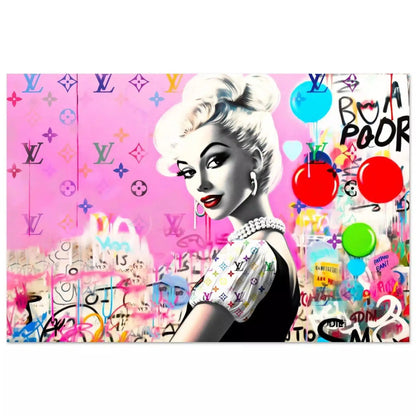 Aluminum print of a barbie inspired doll wearing a black dress with white ruffles against a bubblegum pink backdrop of colorful LV monograms and graffiti and balloons. Luxe Pink Vuitton-Graphique Addictions.