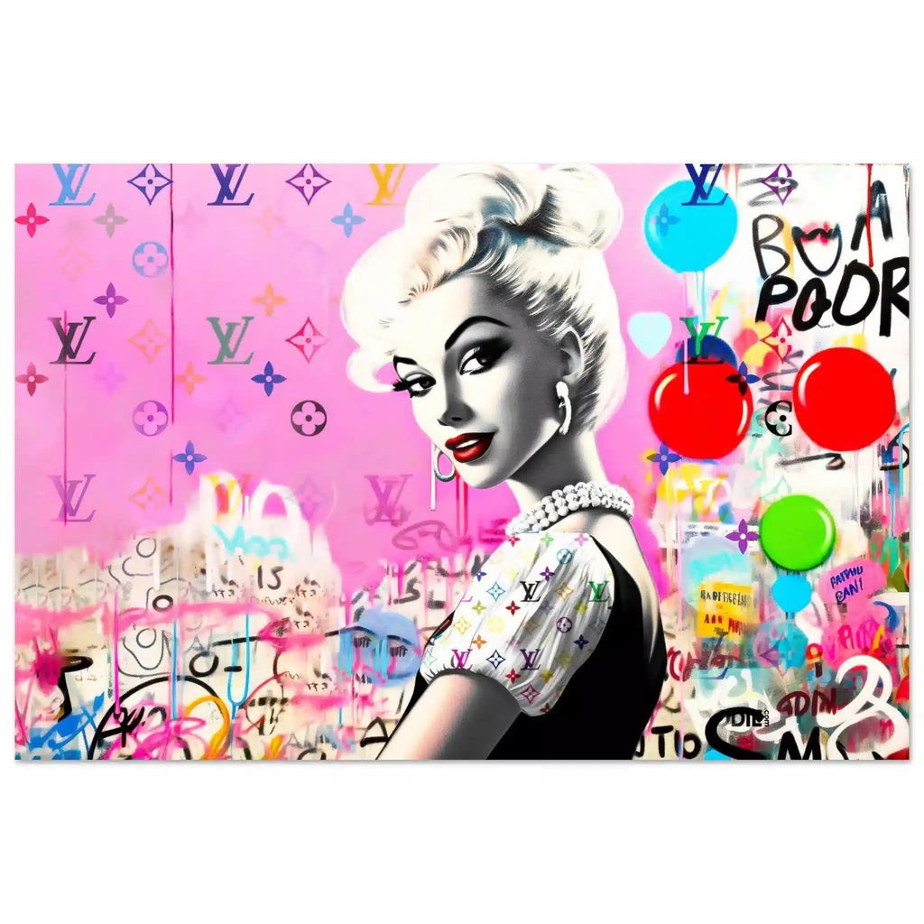 Aluminum print of a barbie inspired doll wearing a black dress with white ruffles against a bubblegum pink backdrop of colorful LV monograms and graffiti and balloons. Luxe Pink Vuitton-Graphique Addictions.