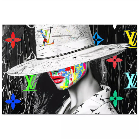 Aluminum print of a woman with colorful graffiti on her face, wearing a wide-brimmed white hat and Louis Vuitton logos in background. Luxury meets graffiti, graphique addictions.