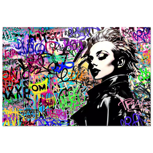 Aluminum art print of Madonna wearing a black leather jacket against a backdrop of colorful graffiti and lettering. Chromatic Chaos-Graphique Addictions.