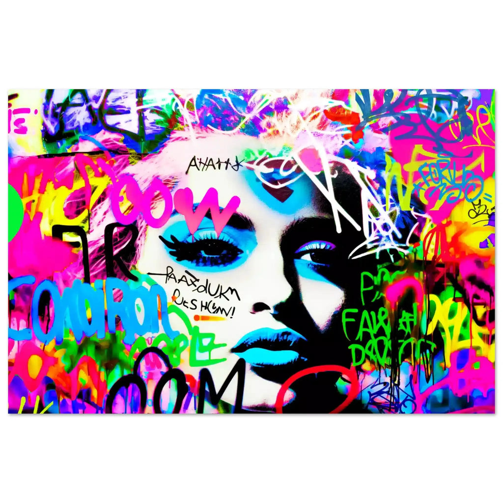 Aluminum art print of Madonna's face covered in colorful graffiti. Madonna's Graffiti Groove-Graphique Addictions.