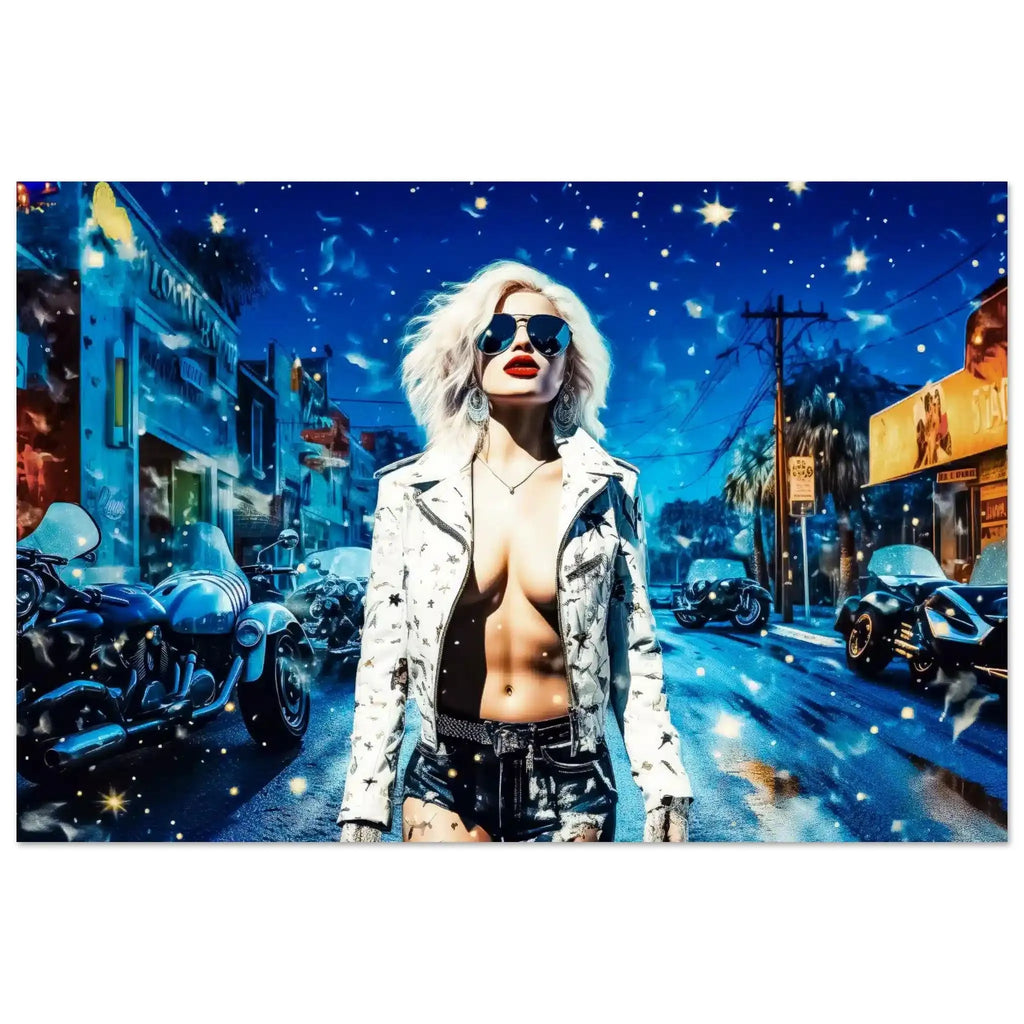 Aluminum print of Madonna standing on a snow-covered road, illuminated by the moon's soft glow. Madonna's Midnight Seduction-Graphique Addictions.