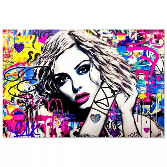 Aluminum print of a close-up of Madonna's face surrounded by colorful graffiti. Madonna's Street Art Sensation-Graphique Addictions.