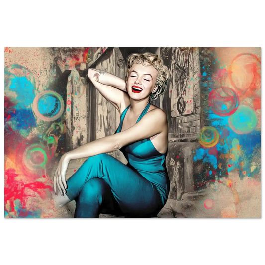 Marilyn Monroe in a teal bodysuit, smiling against an old wooden door in New York City with a colorful swirl and bubble background-24x36-inches-aluminum-print-marilyn-on-the-doorstep, Graphique Addictions