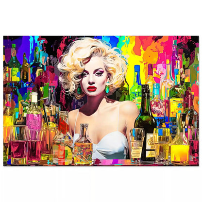 Aluminum print of Marilyn Monroe behind the bar in a white dress, surrounded by colorful alcohol bottles and glasses. Marilyn's Intoxication of Imagination-Graphique Addictions.