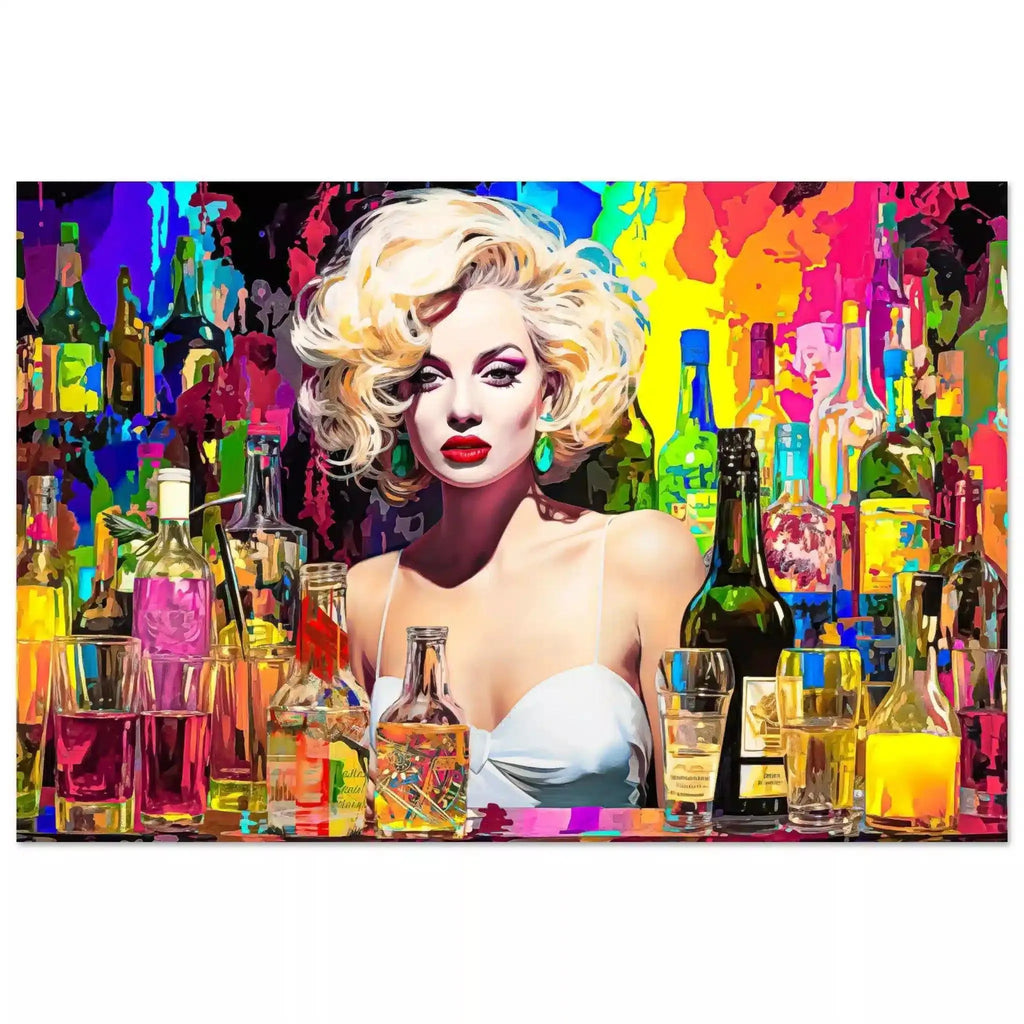 Aluminum print of Marilyn Monroe behind the bar in a white dress, surrounded by colorful alcohol bottles and glasses. Marilyn's Intoxication of Imagination-Graphique Addictions.