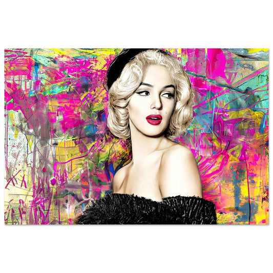 aluminum print of Marilyn Monroe in a black off-shoulder fur dress, against a vibrant neon graffiti background, canvas wall art. Marilyn's Modern Vintage Graffiti-Graphique Addictions.