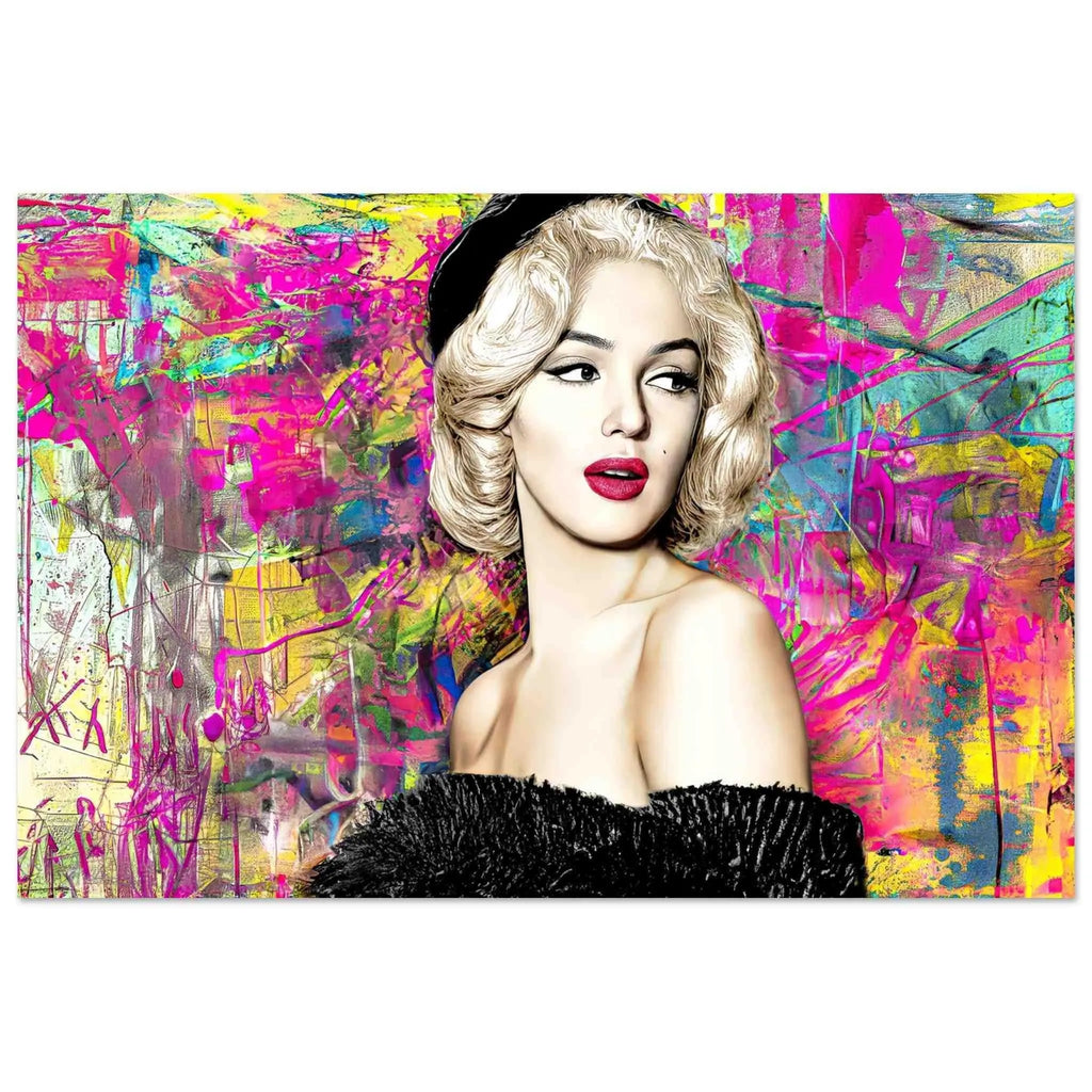 Marilyn Monroe in a black off-shoulder fur dress, against a vibrant neon graffiti background, aluminum metal wall art. Marilyn's Modern Vintage Graffiti-Graphique Addictions.