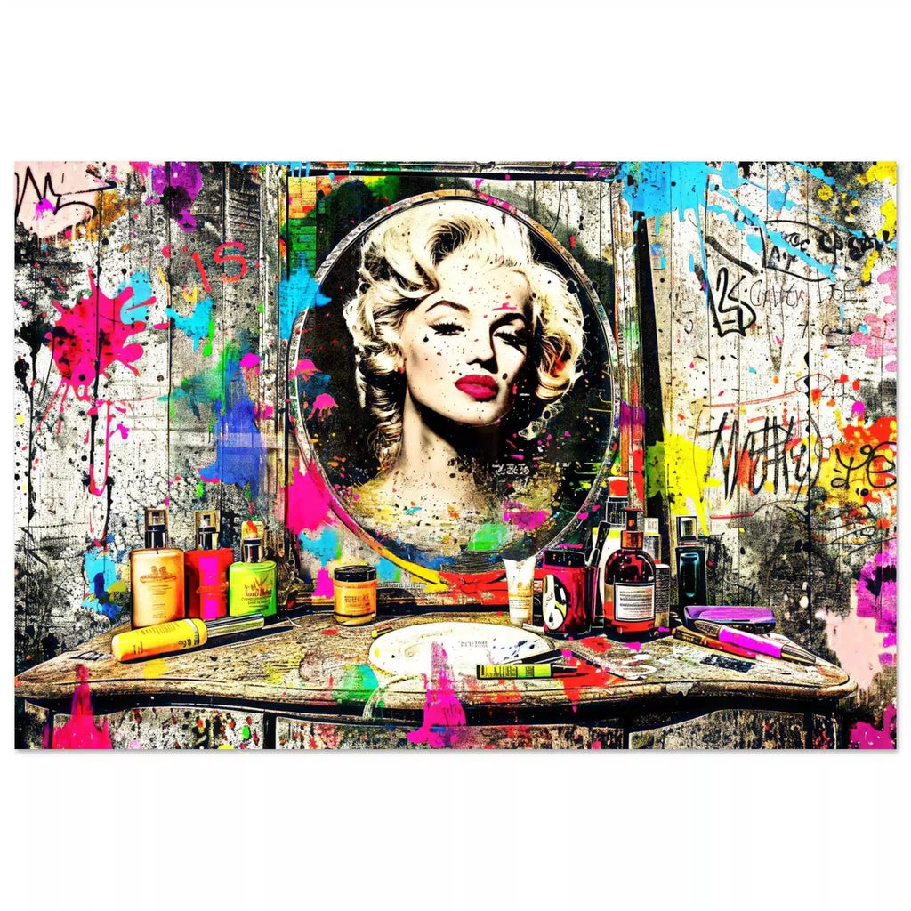 Aluminum print of Marilyn Monroe's reflection in a mirror, against an old wooden vanity table covered with makeup, perfume bottles, and colorful graffiti and paint. Marilyn's Painted Mirror-Graphique Addictions.