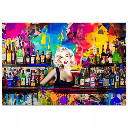 Aluminum print of Marilyn Monroe as a bartender, in a colorful bar surrounded by vibrant abstract patterns and shelves stocked with colorful liquor bottles. Monroe Mixology-Graphique Addictions.