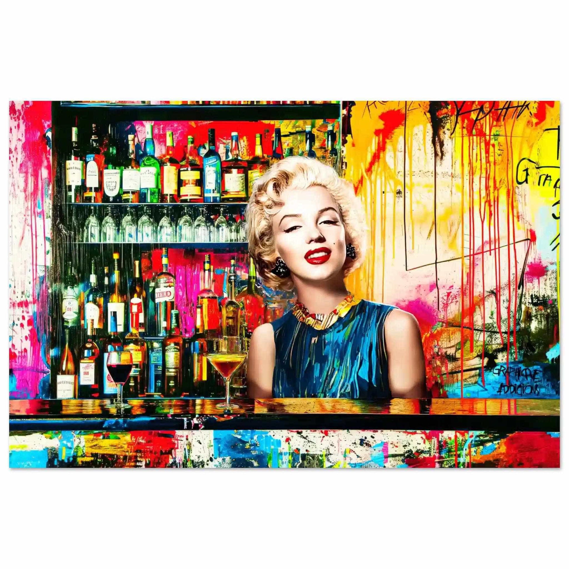 Aluminum print of Marilyn Monroe standing behind a bar with alcohol bottles on the shelves, vibrant abstract colors, graffiti, and paint. Monroe's Cocktail Hour-Graphique Addictions.