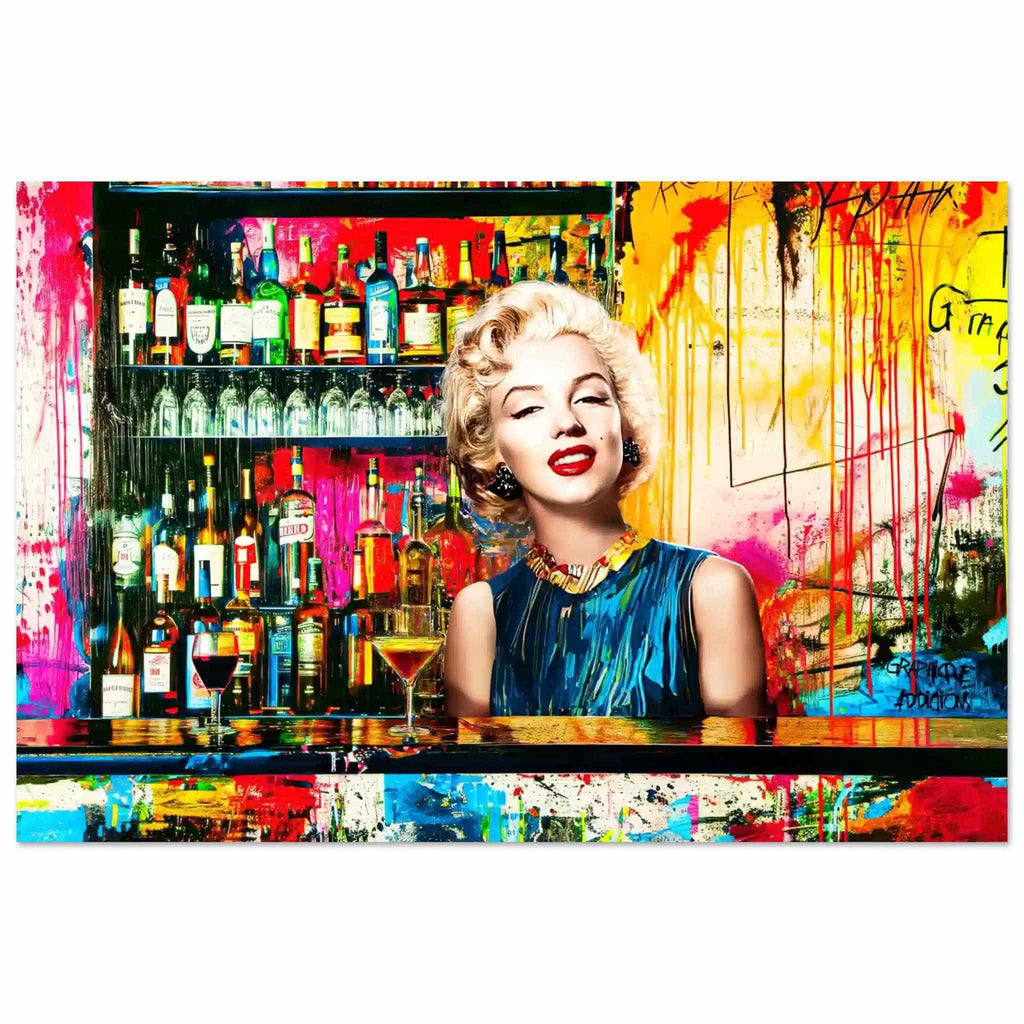 Aluminum print of Marilyn Monroe standing behind a bar with alcohol bottles on the shelves, vibrant abstract colors, graffiti, and paint. Monroe's Cocktail Hour-Graphique Addictions.