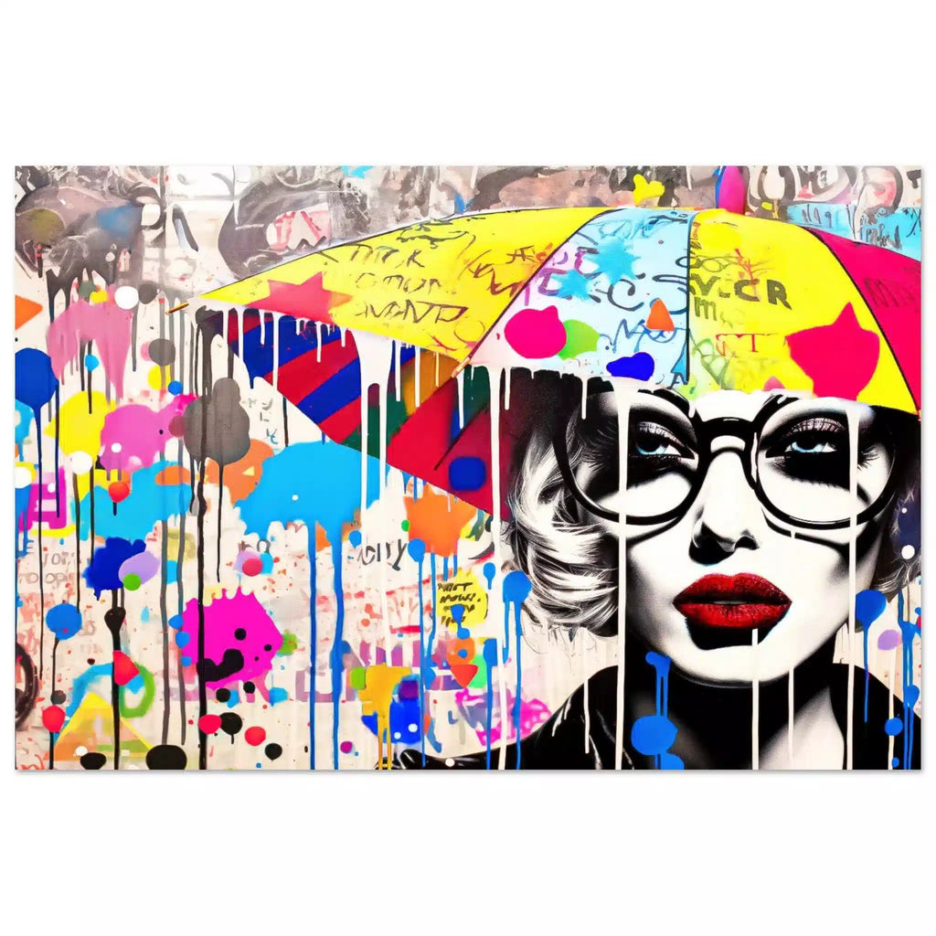 Aluminum print of a woman holding an umbrella, wearing black glasses and surrounded by colorful paint splatters and graffiti symbols. Painted Rain Pop-Graphique Addictions.