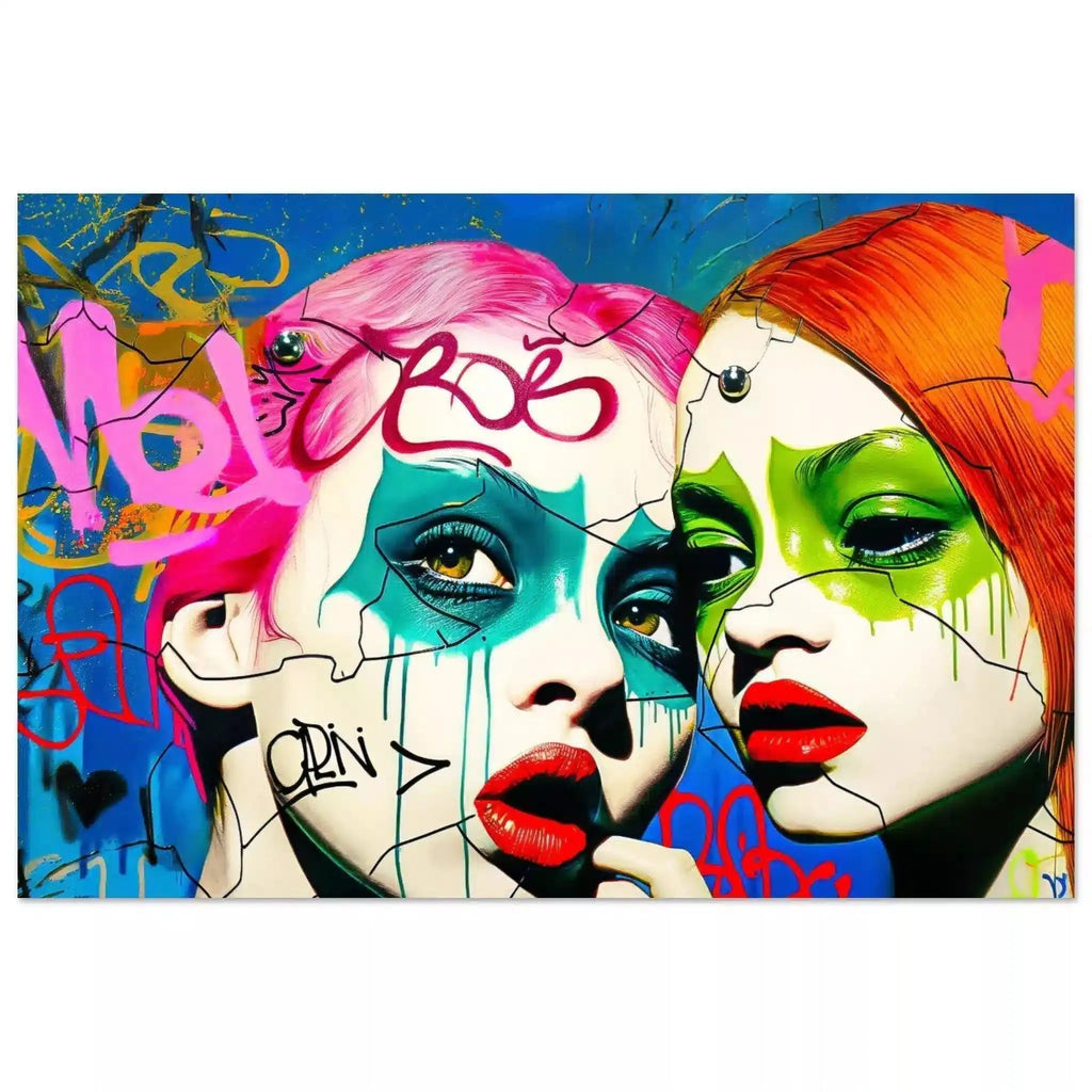 Aluminum print of 2 teenage girls with pink and orange-red hair, green eyes, and bold red lips against a backdrop of colorful street art. Phantoms puzzle of decay-Graphique Addictions