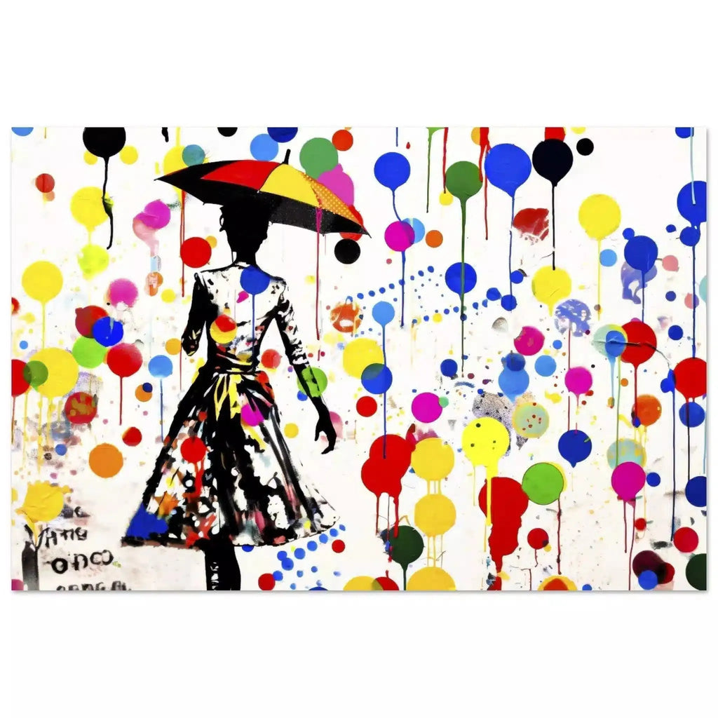 Elegant woman with umbrella amid colorful paint splashes, dots, and balloons on a white background. Aluminum print. Polka Splash Soiree - Graphique Addictions