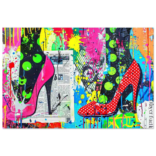 Graffiti collage featuring black leggings with green polka dots, red and pink high heels with polka dot accents, neon paint splashes, and layered newspaper textures, aluminum print. Pop Art Pumps-Graphique Addictions.