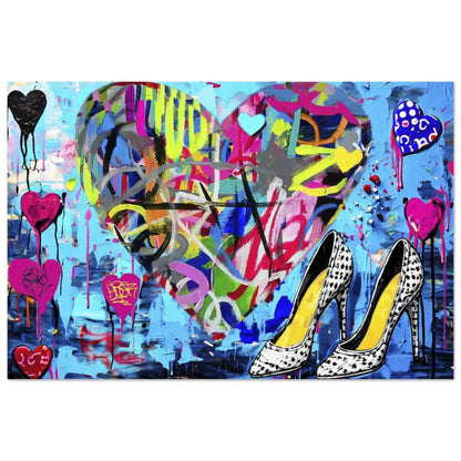 Aluminum print of a large heart with colorful neon scribble graffiti and leopard print stilettos. Pop Splash Couture-Graphique Addictions.