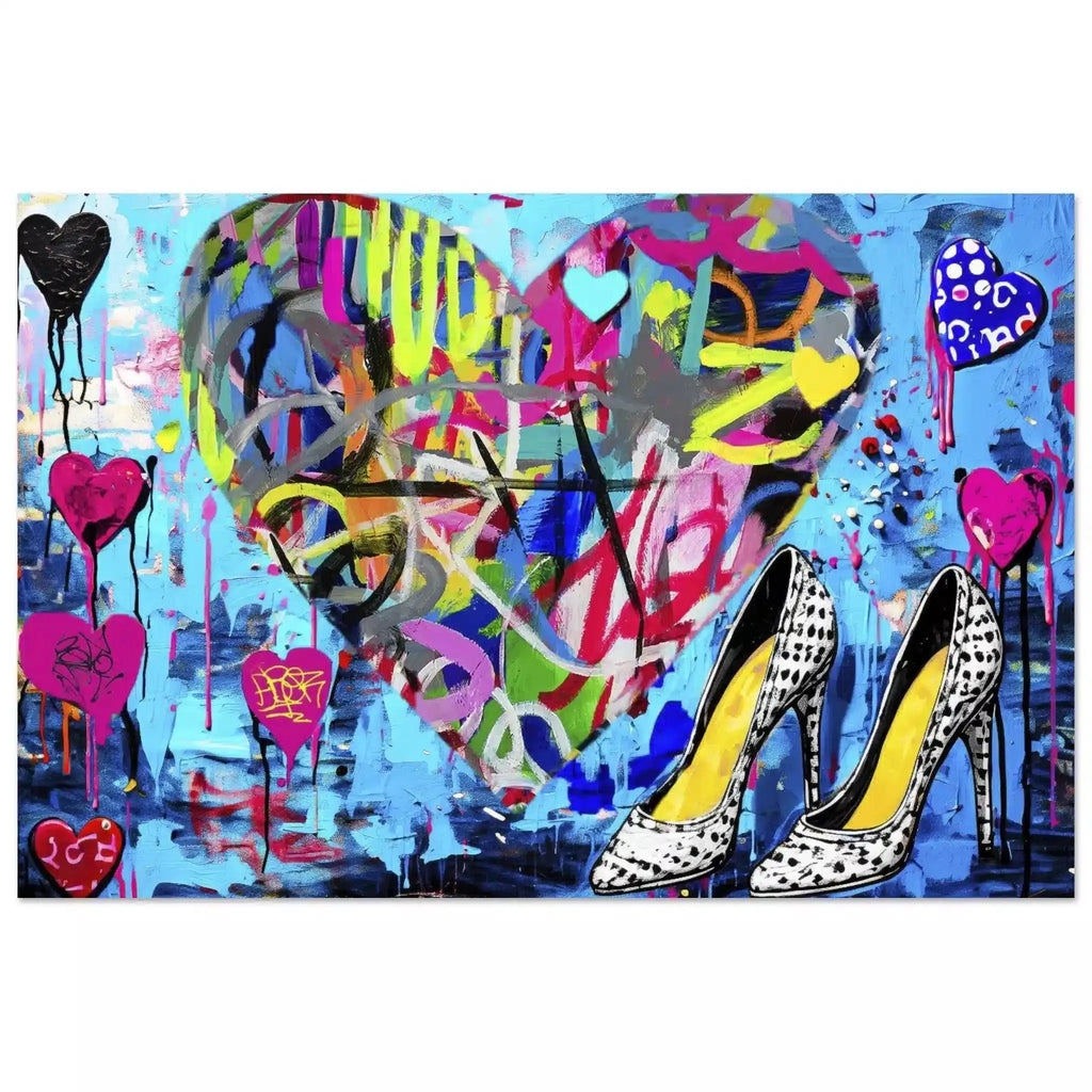 Aluminum print of a large heart with colorful neon scribble graffiti and leopard print stilettos. Pop Splash Couture-Graphique Addictions.