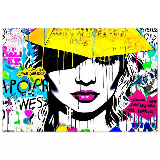 Aluminum Art Print close-up of womans face with pink lips,  a yellow umbrella is above her, white background with colorful dripping paint. Radiant Umbrella Comic Burst-Graphique Addictions.