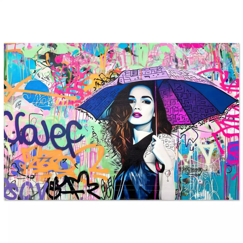 Brunette woman with long hair, holding a purple-blue colored umbrella with black graffiti accents. Aluminum Print-8x12 inches-Rainbow Graffiti Tempest --Graphique Addictions