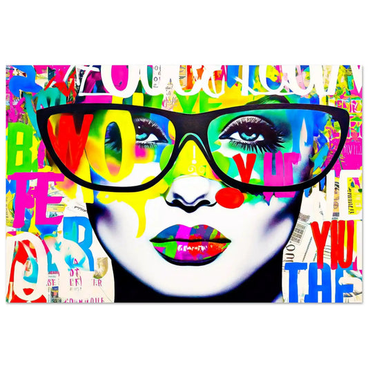 Aluminum portrait of a woman wearing black glasses, set against a white background with colorful graffiti-style letters. Shades of Typography-Graphique Addictions.
