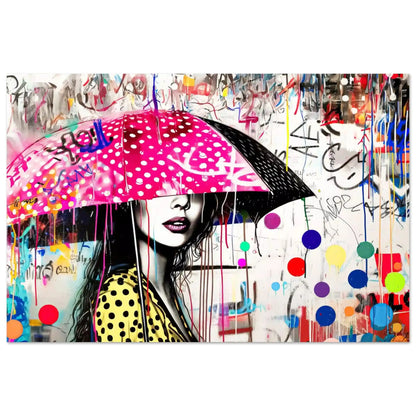 Aluminum print of woman holding a pink umbrella with white polka dots and colorful paint splashes. Street Art Storm-Graphique Addictions.